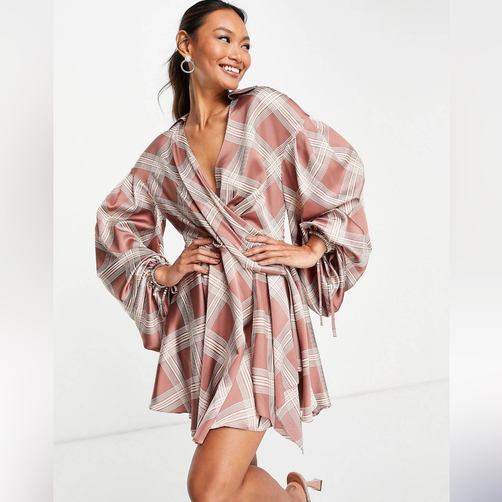 Satin Blouson shirt Mini dress with drape detail in check print